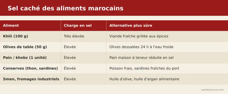 Comparatif du sel caché dans les aliments marocains du quotidien : khlii, olives, pain, conserves et leurs alternatives plus sûres