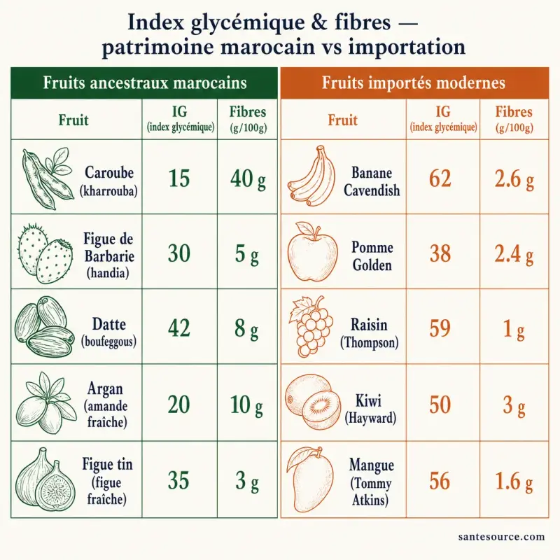 Tableau comparatif index glycémique et fibres : fruits marocains ancestraux (caroube, handia, datte, argan, figue tin) versus fruits importés (banane Cavendish, pomme Golden, raisin, kiwi, mangue)
