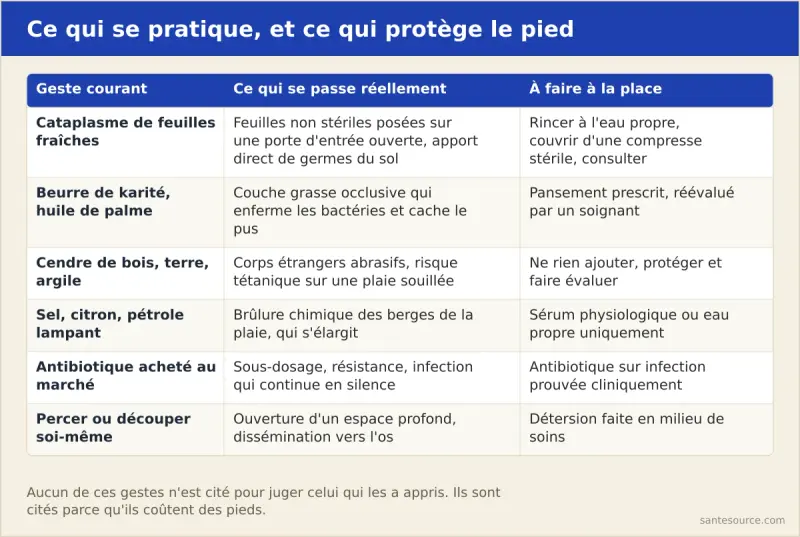 Comparaison entre six gestes traditionnels appliqués sur une plaie diabétique et le geste de soin recommandé correspondant