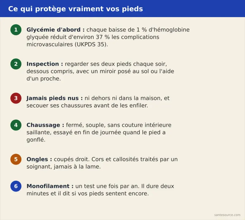 Récapitulatif des gestes de protection du pied diabétique : contrôle glycémique, inspection quotidienne, chaussage fermé, test au monofilament annuel