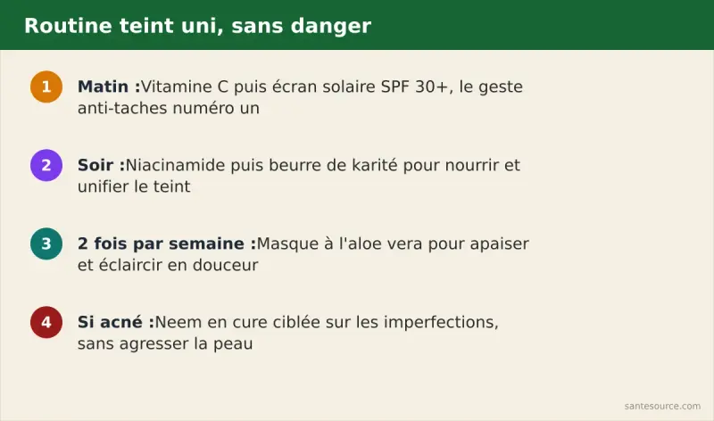Récapitulatif visuel de la routine teint-unifiant matin et soir sans danger