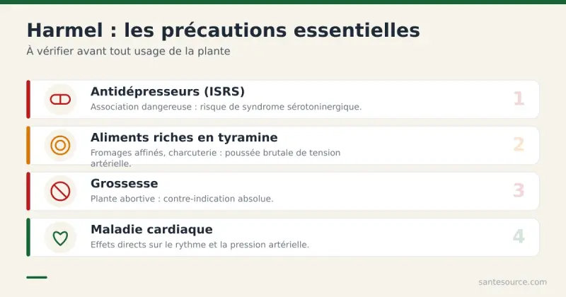 Récapitulatif des précautions et interactions du harmel : antidépresseurs ISRS, aliments riches en tyramine, grossesse et maladie cardiaque