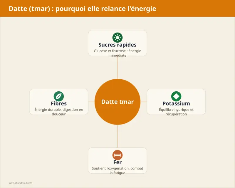 Carte mentale des apports anti-fatigue de la datte tmar : sucres rapides, potassium, fer et fibres