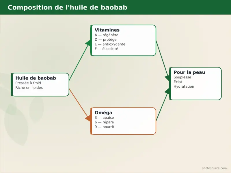 Carte mentale de la composition de l'huile de baobab : vitamines A, D, E, F et acides gras omégas 3, 6, 9