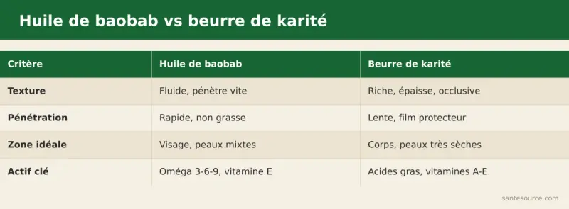 Comparaison côte à côte de l'huile de baobab et du beurre de karité : texture, pénétration, zone idéale