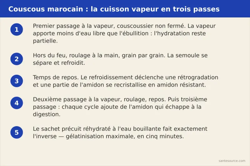 Les trois passages à la vapeur du couscous marocain au couscoussier, avec le roulage à la main et le temps de repos entre chaque passage
