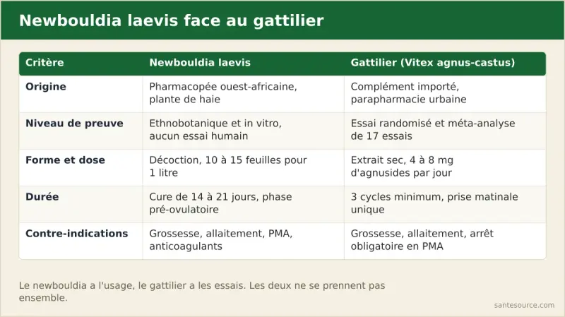 Comparaison entre Newbouldia laevis et gattilier sur l'origine, le niveau de preuve, la forme, la dose, la durée de cure et les contre-indications