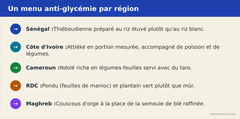 Récapitulatif des 5 menus régionaux anti-glycémie : Sénégal (thiéboudienne riz étuvé), Côte d'Ivoire (attiéké portion mesurée), Cameroun (ndolé et taro), RDC (pondu et plantain vert), Maghreb (couscous d'orge)