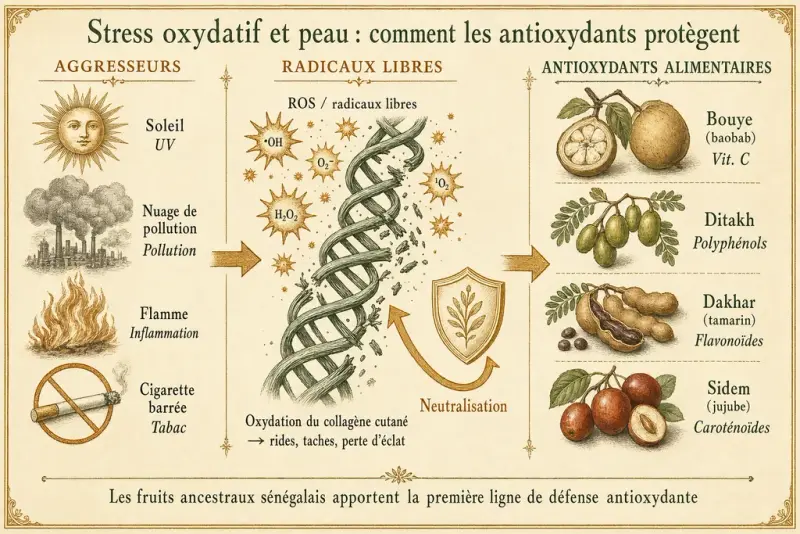Schéma du stress oxydatif sur la peau : soleil, pollution, inflammation génèrent des radicaux libres neutralisés par les antioxydants alimentaires