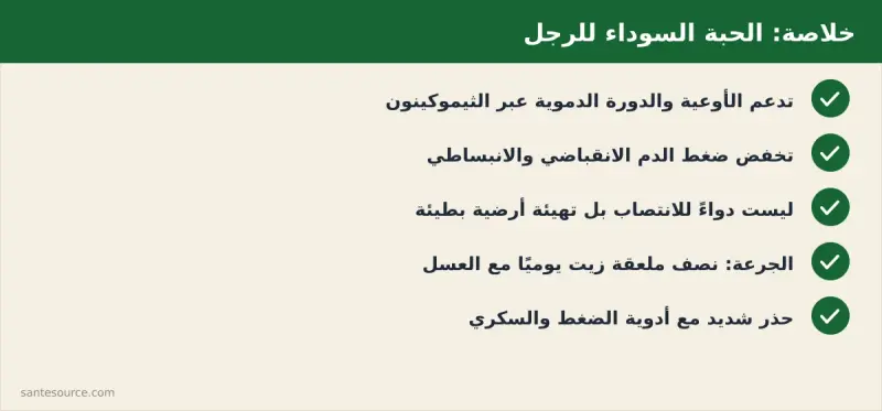 ملخّص بصري لأهم نقاط المقال: فائدة الحبة السوداء للأوعية، الجرعة، الموانع مع الضغط والسكري، وحدود الدليل العلمي