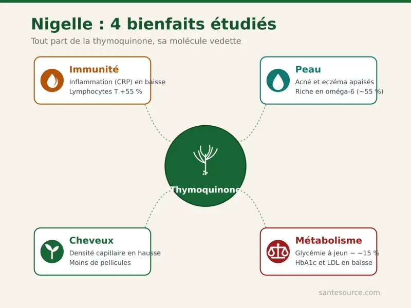 Carte mentale des bienfaits de la nigelle : immunité, peau, cheveux et métabolisme reliés à la thymoquinone