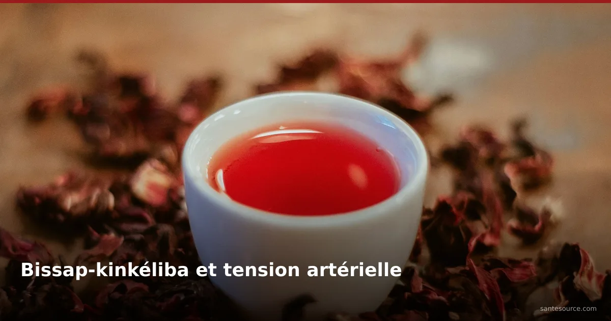 Tasse de bissap rouge entourée de fleurs d'hibiscus séchées, tisane naturelle pour la tension artérielle au Sénégal