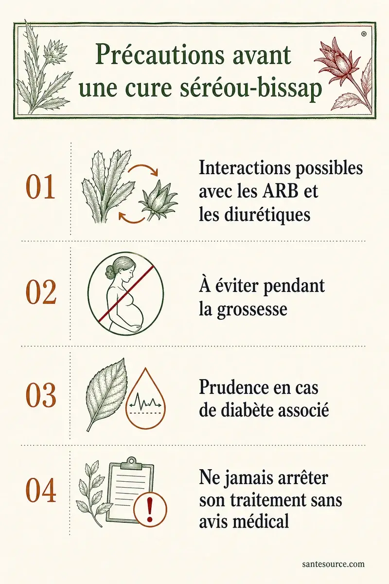 Carte récapitulative des précautions : interactions avec les ARB et diurétiques, grossesse, comorbidité diabète, ne jamais arrêter son traitement