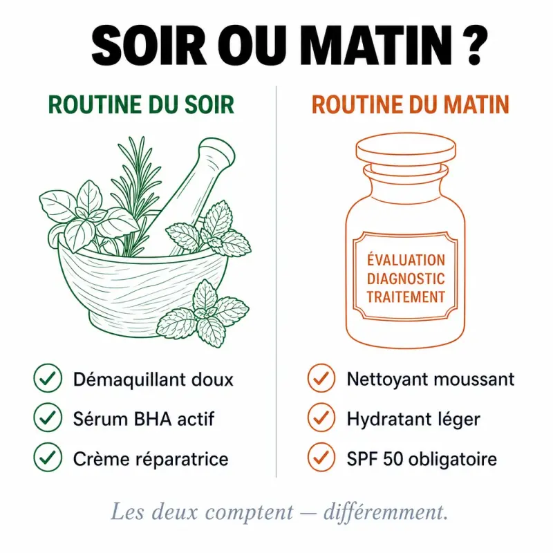Comparaison routine peau grasse soir vs matin