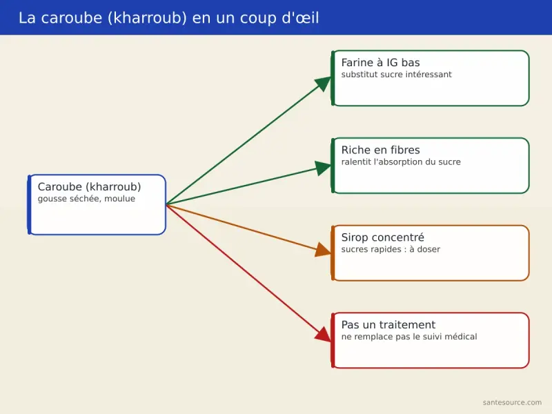 Carte mentale de la caroube kharroub comme substitut sucre à index glycémique bas pour les diabétiques au Maroc