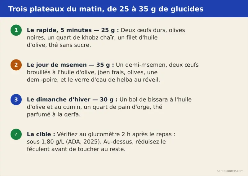 Récapitulatif des trois plateaux de petit-déjeuner adaptés au diabète au Maroc