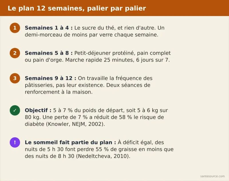 Récapitulatif du plan en douze semaines : sucre du thé, petit-déjeuner protéiné et marche, fréquence des pâtisseries