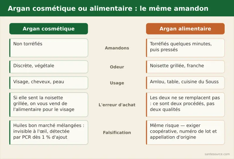 Comparaison huile d'argan cosmétique issue d'amandons non torréfiés et huile d'argan alimentaire issue d'amandons torréfiés : odeur, usage, filière coopérative
