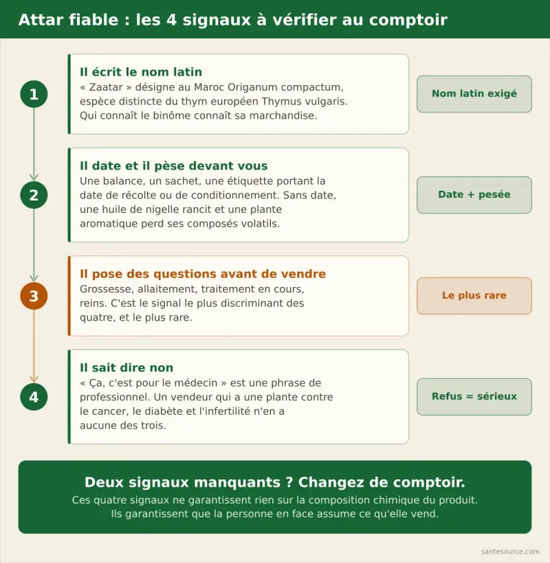 Arbre de décision des quatre signaux d'un attar fiable au Maroc : nom latin écrit, date et pesée, questions posées avant la vente, refus de soigner