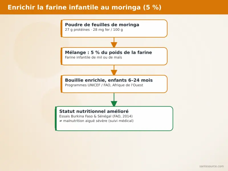Schéma du protocole OMS-UNICEF d'enrichissement de la farine infantile à 5 % de poudre de moringa