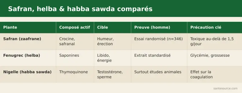 Comparaison du safran, du fenugrec helba et de la nigelle habba sawda pour la vitalité masculine au Maroc