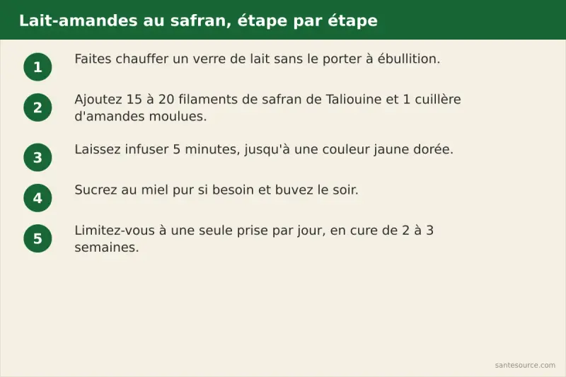 Étapes de préparation du lait chaud aux amandes et safran de Taliouine pour la vitalité
