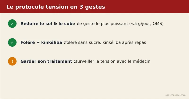 Récapitulatif du protocole antihypertension au Burkina Faso : réduire le sel, foléré, kinkéliba, suivi médical