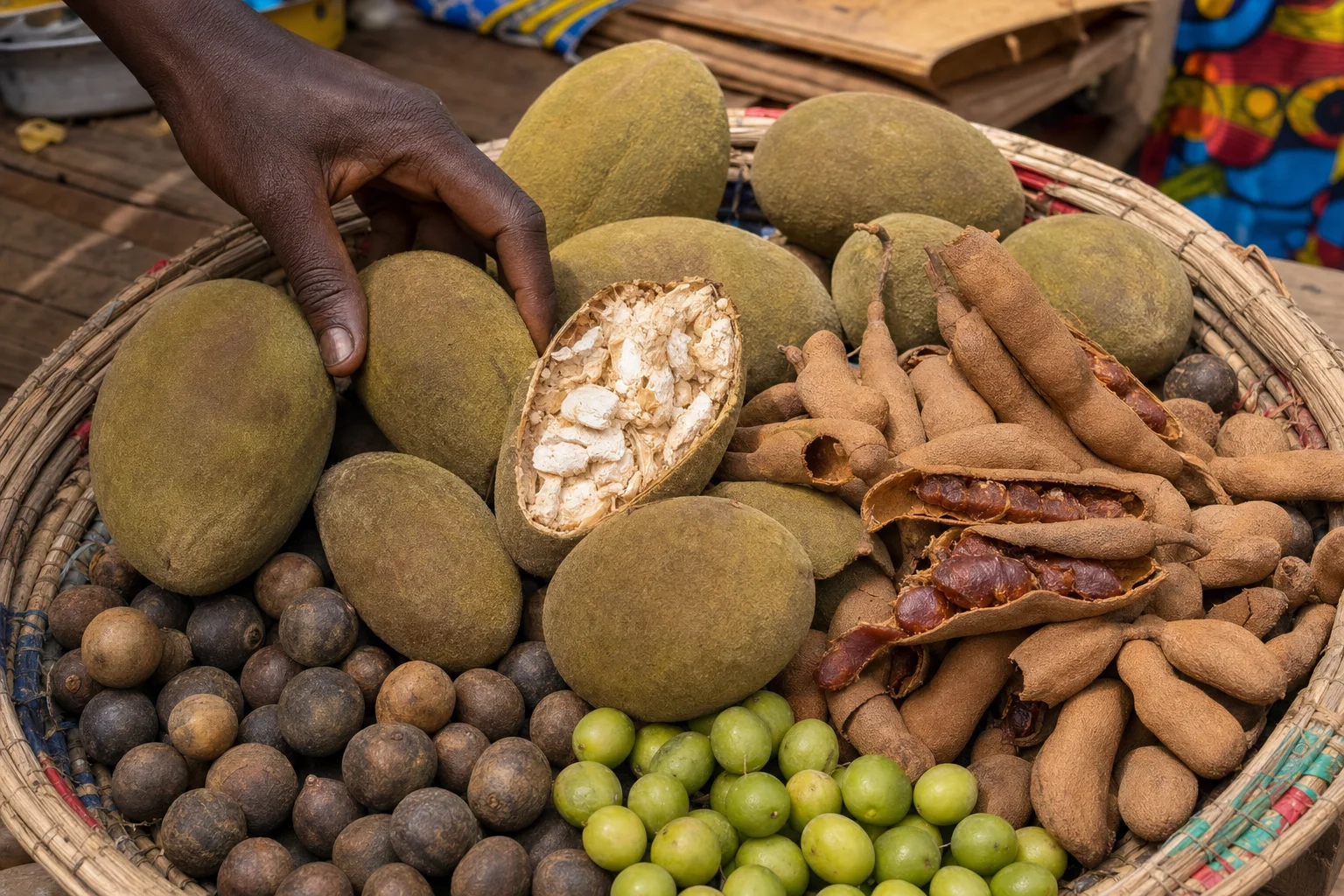 Panier de fruits ancestraux ouest-africains au marché sénégalais — bouye (baobab), ditakh, tamarin — alternatives moins sucrées aux fruits modernes pour la gestion du poids