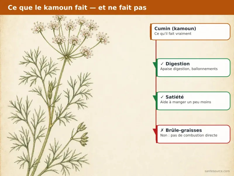 Schéma du mécanisme du cumin kamoun sur la digestion et la satiété, sans combustion des graisses