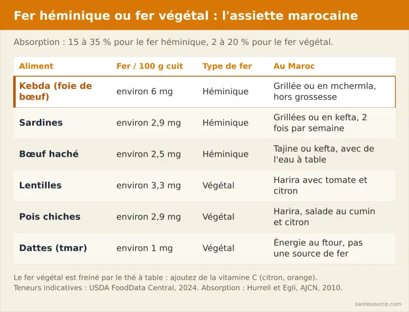 Comparaison entre le fer héminique de la kebda et des sardines et le fer végétal des lentilles et des pois chiches, avec leurs taux d'absorption