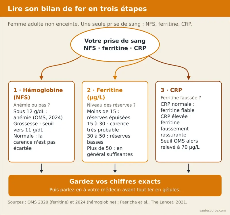 Arbre de décision pour lire un bilan de fer chez la femme à partir de l'hémoglobine, de la ferritine et de la CRP, avec les seuils 15, 30 et 50 µg/L