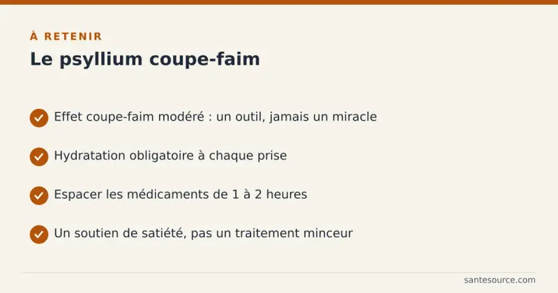 Récapitulatif du psyllium coupe-faim : effet modéré, hydratation obligatoire, espacer les médicaments de 1 à 2 heures