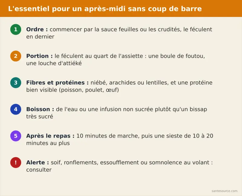 Récapitulatif : 5 réglages d'assiette, marche de 10 minutes, sieste de 10 à 20 minutes et signes qui doivent alerter