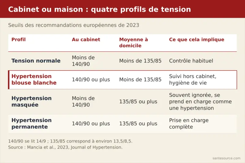 Quatre profils de tension comparés : normale, hypertension blouse blanche, hypertension masquée et hypertension permanente, au cabinet et à domicile