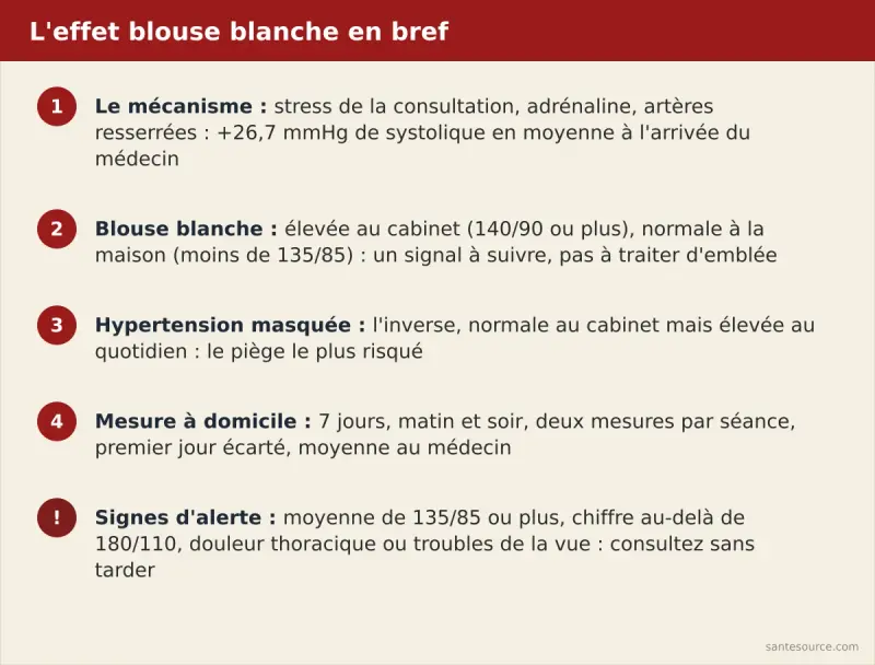 Récapitulatif de l'effet blouse blanche : mécanisme du stress, différence avec l'hypertension masquée, mesure à domicile sur sept jours et signes d'alerte
