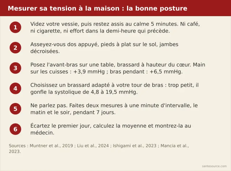 Bonne posture pour mesurer sa tension à domicile : assis dos appuyé, pieds à plat, avant-bras posé sur une table, brassard à hauteur du cœur