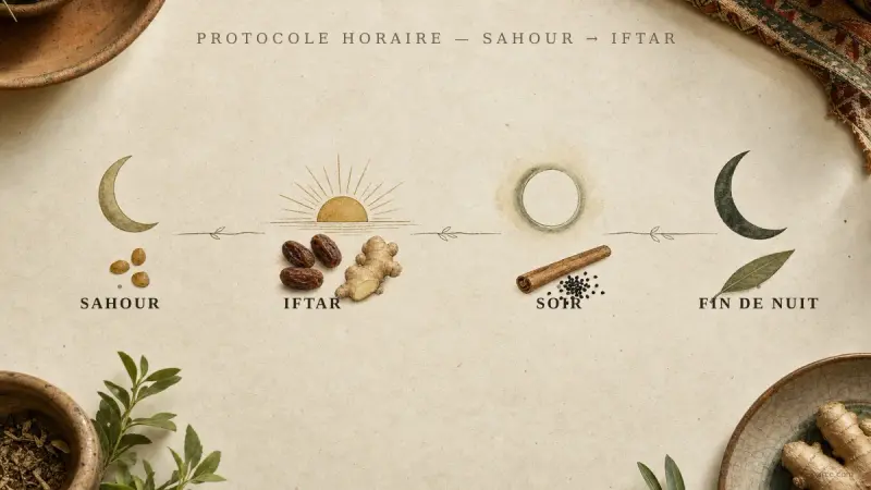 Schéma horaire du protocole sahour-iftar pour diabétique au Ramadan : helba avant aube, dattes et skinjbir à l'iftar, kerfa et nigelle en soirée