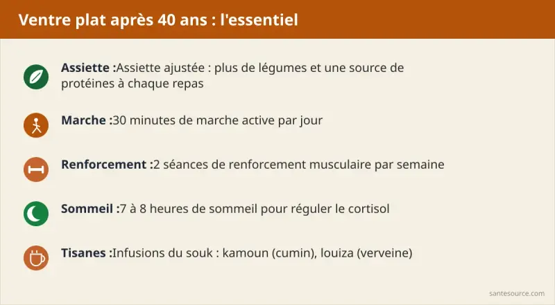Récapitulatif des gestes ventre plat femme 40 ans : assiette ajustée, marche, renforcement, sommeil, plantes du souk