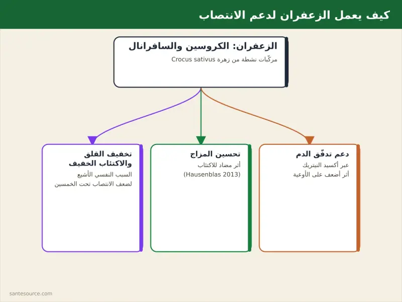 خريطة ذهنية توضّح كيف يؤثّر الكروسين والسافرانال في الزعفران على المزاج والقلق وتدفّق الدم لدعم الانتصاب