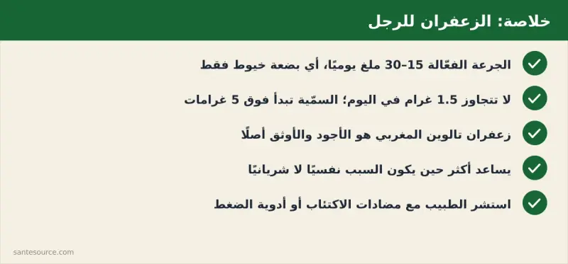 ملخّص مرئي لأهم نقاط مقال الزعفران للرجال: الجرعة الآمنة، عتبة السمّية، وتميّز زعفران تالوين