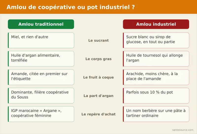 Comparaison côte à côte de l’amlou traditionnel et de l’amlou industriel : miel contre sucre ajouté, argan contre huile de tournesol, amande contre arachide