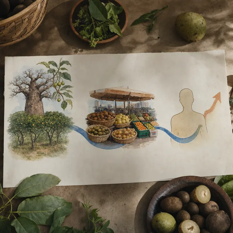 Schéma de la transition alimentaire ivoirienne : forêt et savane vers marché urbain d'Abidjan vers impact glycémique du diabétique