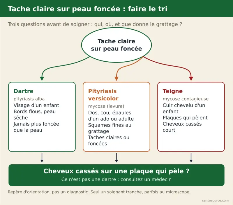 Arbre de décision pour trier une tache claire sur peau foncée : visage d'enfant et bords flous pour la dartre, dos et squames au grattage pour le pityriasis versicolor, cuir chevelu et cheveux cassés pour la teigne