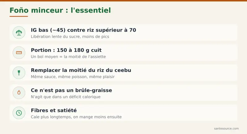 Carte récapitulative des points clés du foño minceur au Sénégal : IG bas, portion, substitution du riz du ceebu, satiété