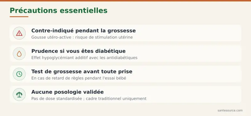 Récapitulatif des précautions du Tetrapleura tetraptera : contre-indiqué grossesse, prudence diabète et antidiabétiques