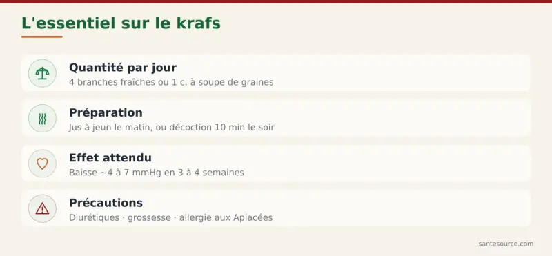 Récapitulatif des points clés sur le krafs et la tension : quantité quotidienne, préparation, effet attendu et précautions