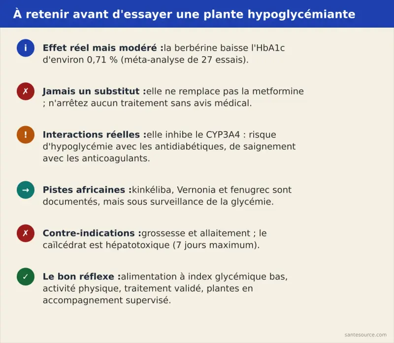 Récapitulatif des points clés : effet modéré de la berbérine, interactions, alternatives africaines et précautions