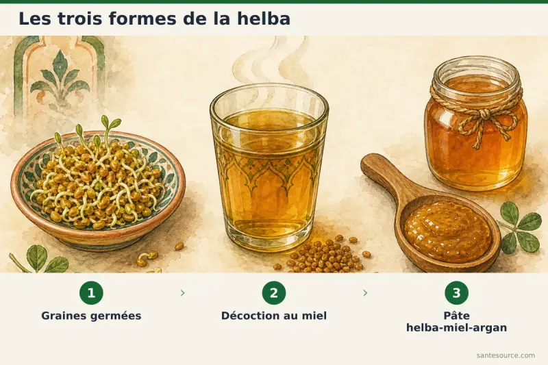 Étapes de préparation des graines de fenugrec helba germées et de la décoction au miel pour la vitalité masculine