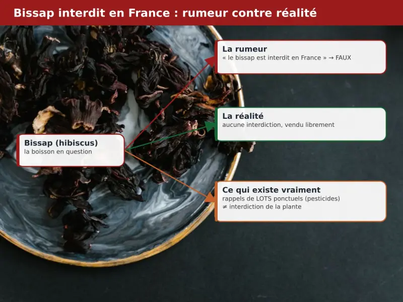 Carte mentale distinguant la rumeur d'interdiction du bissap des faits réels sur l'hibiscus en France