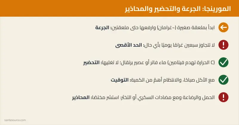 ملخّص: جرعة مسحوق المورينجا ومواقيتها وطريقة التحضير والمحاذير في المغرب